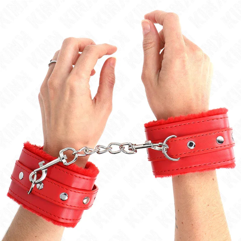 KINK - PREMIUM PELZGEFÜTTERTE HANDGELENKFESSELN ROT MIT ROTEM GÜRTEL VERSTELLBAR 17-29 CM X 6 CM - Vanelion Paradise