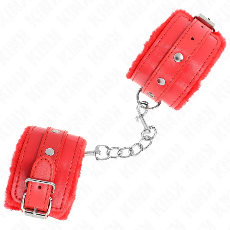KINK - PREMIUM PELZGEFÜTTERTE HANDGELENKFESSELN ROT MIT ROTEM GÜRTEL VERSTELLBAR 17-29 CM X 6 CM - Vanelion Paradise