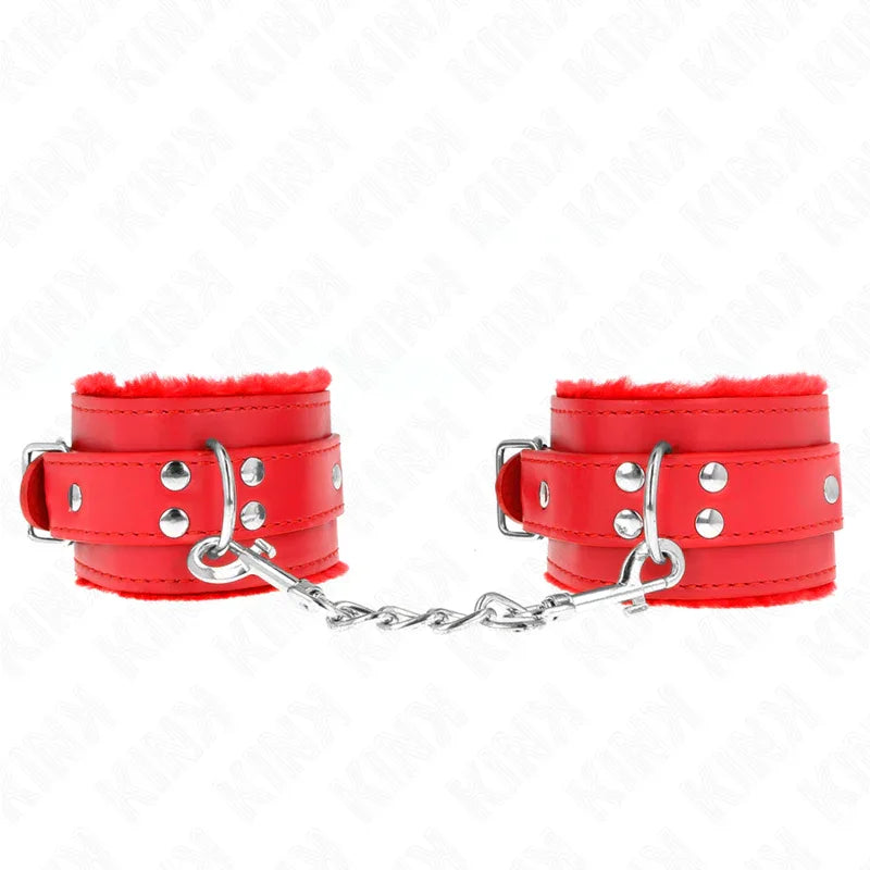 KINK - PELZGEFÜTTERTE HANDGELENKFESSELN ROT MIT ROTEM GÜRTEL VERSTELLBAR 17-29 CM X 6 CM - Vanelion Paradise