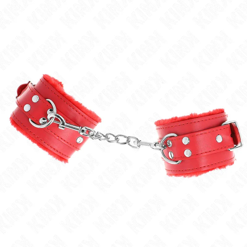 KINK - PELZGEFÜTTERTE HANDGELENKFESSELN ROT MIT ROTEM GÜRTEL VERSTELLBAR 17-29 CM X 6 CM - Vanelion Paradise