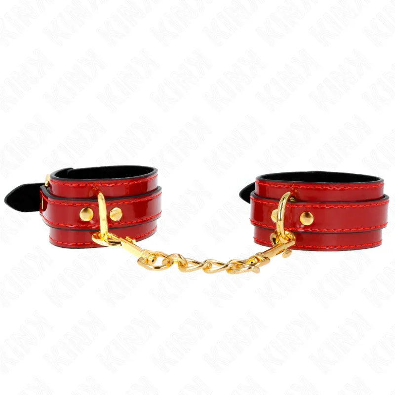 KINK - JOANNA ANGEL HANDGELENKMANSCHETTEN ROT VERSTELLBAR MIT GOLDKETTE 16,5-26 CM X 4 CM - Vanelion Paradise