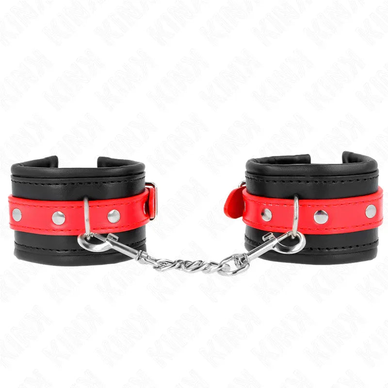 KINK - HANDGELENKFESSELN SCHWARZ MIT ROTEM GÜRTEL VERSTELLBAR 17-28 CM X 6 CM - Vanelion Paradise