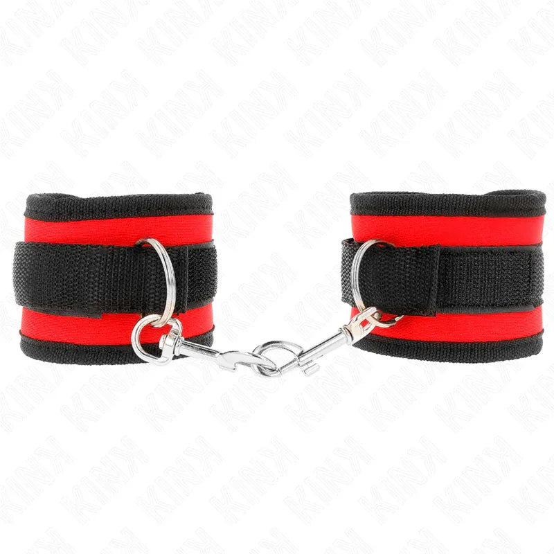 KINK - NYLON BIND-HANDHANDFESSELN MIT KLETTVERSCHLUSS ROT-SCHWARZ MODELL 2 VERSTELLBAR 18-35 CM X 6 CM - Vanelion Paradise