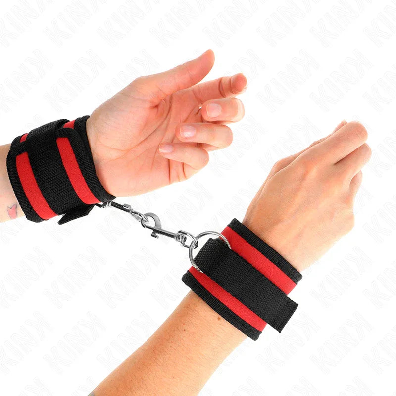 KINK - NYLON BIND-HANDHANDFESSELN MIT KLETTVERSCHLUSS ROT-SCHWARZ MODELL 2 VERSTELLBAR 18-35 CM X 6 CM - Vanelion Paradise