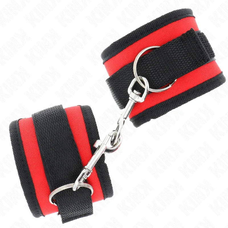 KINK - NYLON BIND-HANDHANDFESSELN MIT KLETTVERSCHLUSS ROT-SCHWARZ MODELL 2 VERSTELLBAR 18-35 CM X 6 CM - Vanelion Paradise