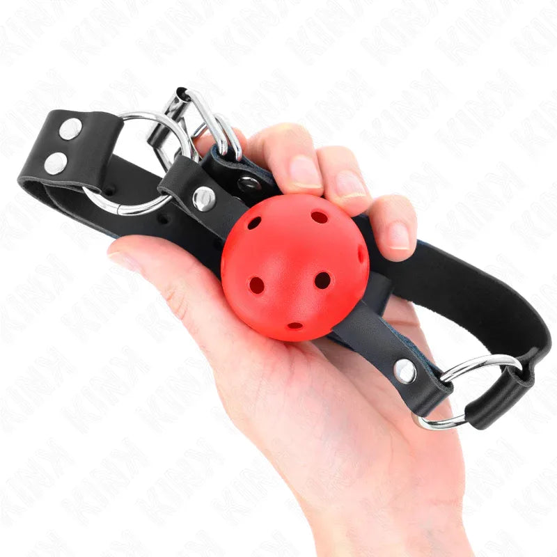 KINK - ATMUNGSAKTIVER BALL 4 CM KNEBEL MIT DOPPELNIET ROT 62,5 x 2,5 CM VERSTELLBAR 42-58 CM - Vanelion Paradise