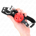 KINK - ATMUNGSAKTIVER BALL 4 CM KNEBEL MIT DOPPELNIET ROT 62,5 x 2,5 CM VERSTELLBAR 42-58 CM - Vanelion Paradise