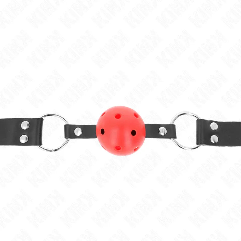 KINK - ATMUNGSAKTIVER BALL 4 CM KNEBEL MIT DOPPELNIET ROT 62,5 x 2,5 CM VERSTELLBAR 42-58 CM - Vanelion Paradise