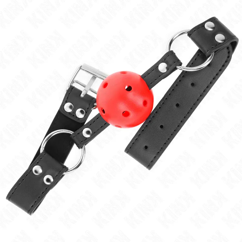 KINK - ATMUNGSAKTIVER BALL 4 CM KNEBEL MIT DOPPELNIET LEDER 62,5 x 2,5 CM VERSTELLBAR 42-58 CM - Vanelion Paradise