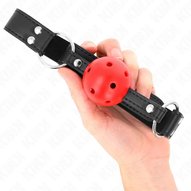KINK - ATMUNGSAKTIVER BALL 4 CM KNEBEL MIT DOPPELNIET LEDER 62,5 x 2,5 CM VERSTELLBAR 42-58 CM - Vanelion Paradise