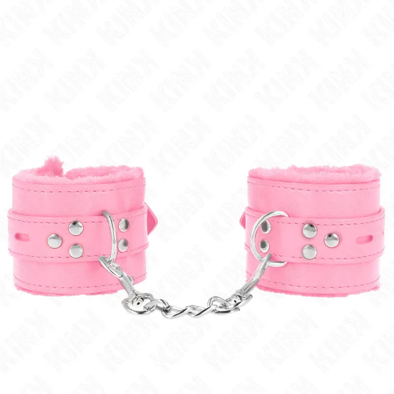 KINK - PELZGEFÜTTERTE HANDGELENKFESSELN MIT QUADRATISCHEN LÖCHERN, ROSA UND ROSA GÜRTEL, VERSTELLBAR 17-29 CM X 6 CM - Vanelion Paradise