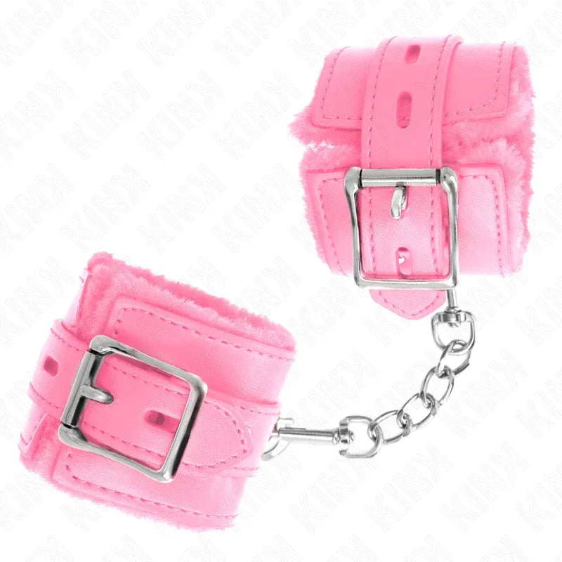 KINK - PELZGEFÜTTERTE HANDGELENKFESSELN MIT QUADRATISCHEN LÖCHERN, ROSA UND ROSA GÜRTEL, VERSTELLBAR 17-29 CM X 6 CM - Vanelion Paradise