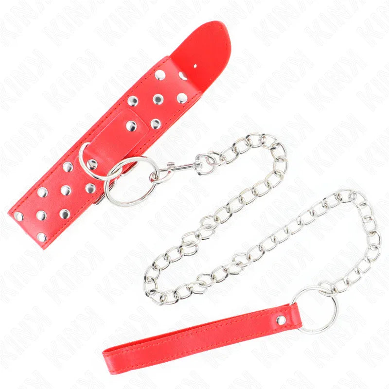 KINK - RING NIETEN BAND HALSKETTE MIT GÜRTEL 65 CM ROT VERSTELLBAR 36-50 CM X 3,8 CM - Vanelion Paradise