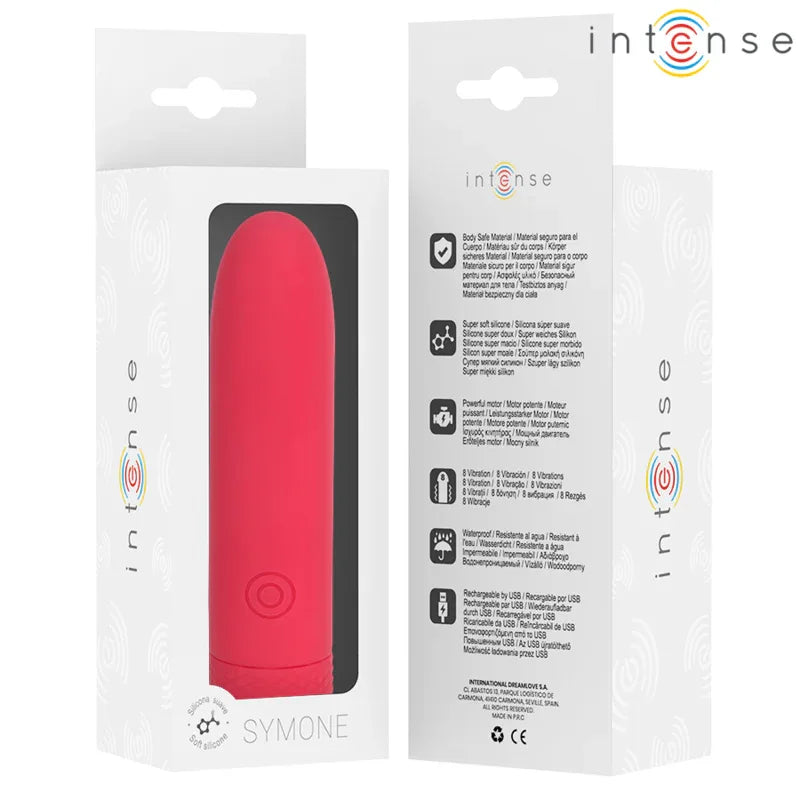 INTENSE - SYMONE USB WIEDERAUFLADBARER VIBRIERENDER BULLET 8 VIBRATIONEN ROT 10 X 2,2 CM - Vanelion Paradise