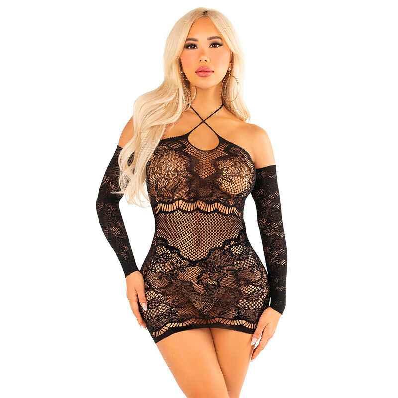 LEG AVENUE - OFF-SHOULDER-MINIKLEID MIT LANGEN ÄRMELN AUS MESH IN SCHWARZ - Vanelion Paradise