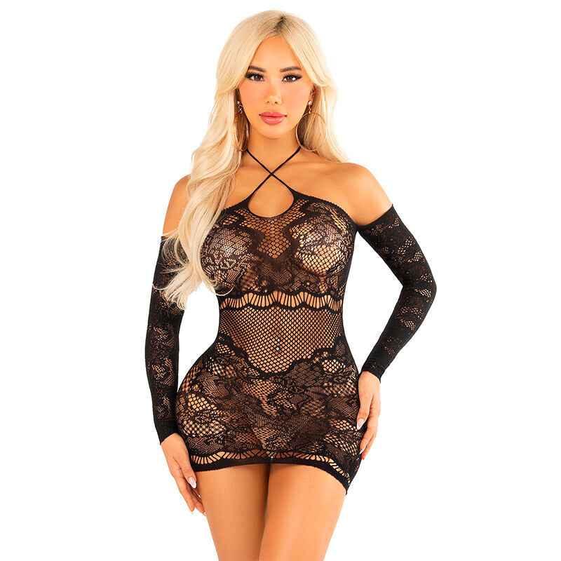 LEG AVENUE - OFF-SHOULDER-MINIKLEID MIT LANGEN ÄRMELN AUS MESH IN SCHWARZ - Vanelion Paradise