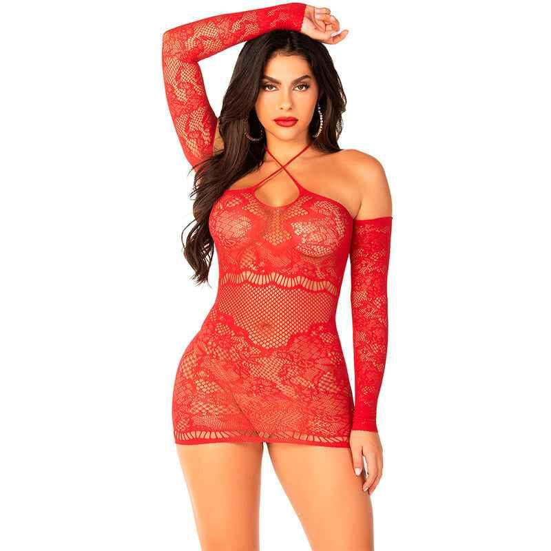 LEG AVENUE - OFF-SHOULDER LANGÄRMELIGES MESH-MINIKLEID ROT - Vanelion Paradise