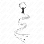 KINK - DREIFACH CHROM METALL PENISRING 3 CM BIS 4,5 CM MIT 26 CM METALLKETTE UND BRUSTKLAMMERN - Vanelion Paradise