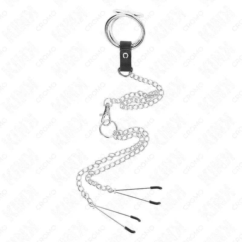 KINK - DREIFACH CHROM METALL PENISRING 3 CM BIS 4,5 CM MIT 26 CM METALLKETTE UND BRUSTKLAMMERN - Vanelion Paradise