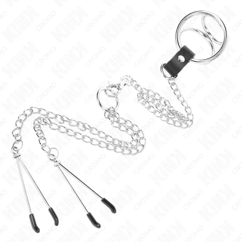 KINK - DREIFACH CHROM METALL PENISRING 3 CM BIS 4,5 CM MIT 26 CM METALLKETTE UND BRUSTKLAMMERN - Vanelion Paradise