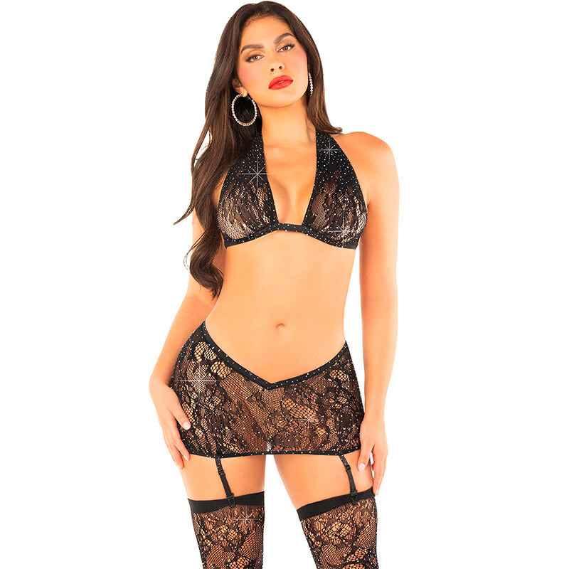 LEG AVENUE - BH-TOP + ROCK + STRÜMPFE MIT DIAMANTEN SCHWARZ EINE GRÖSSE - Vanelion Paradise