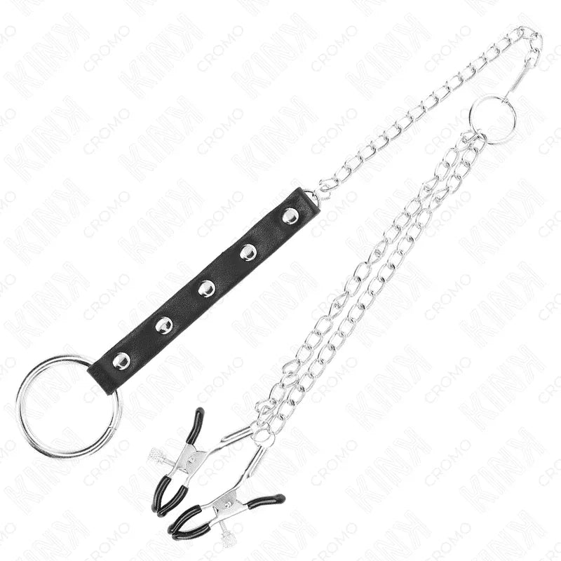 KINK - METALL-PENISRING MIT KETTE UND VERSTELLBAREN BRUSTKLAMMERN - Vanelion Paradise
