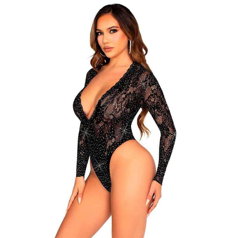 LEG AVENUE - BODY AUS SPITZE UND LANGEN ÄRMELN MIT DIAMANTEN, SCHWARZ, EINHEITSGRÖSSE - Vanelion Paradise