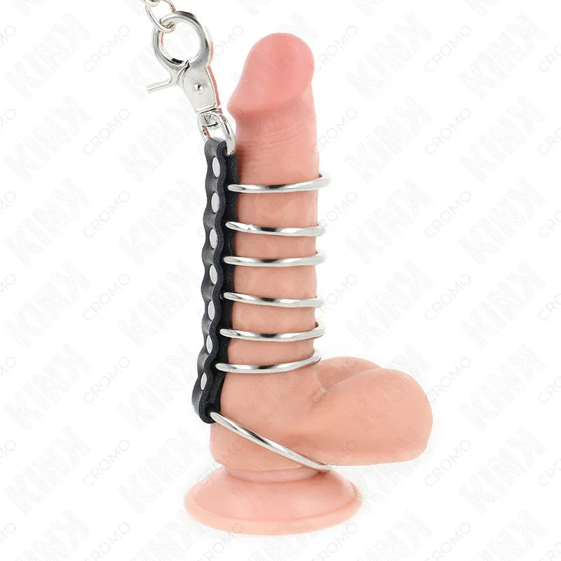 KINK - 7 PENISRINGE AUS METALL 3,8 CM BIS 5 CM VERBUNDEN MIT LEDER UND METALLKETTE 100 CM - Vanelion Paradise