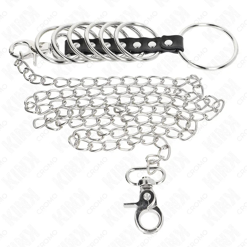 KINK - 7 PENISRINGE AUS METALL 3,8 CM BIS 5 CM VERBUNDEN MIT LEDER UND METALLKETTE 100 CM - Vanelion Paradise