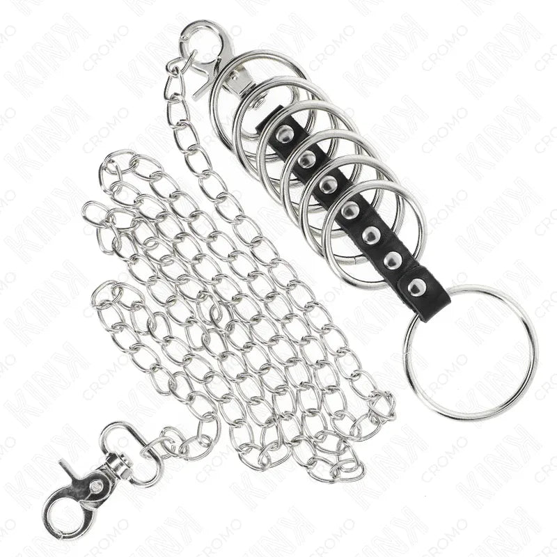 KINK - 7 PENISRINGE AUS METALL 3,8 CM BIS 5 CM VERBUNDEN MIT LEDER UND METALLKETTE 100 CM - Vanelion Paradise