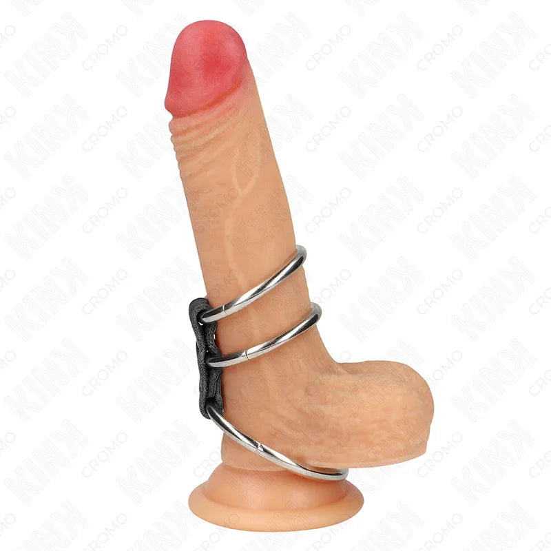 KINK - DREIFACH METALL PENISRING 3,7 CM BIS 5 CM MIT LEDER VERBUNDEN - Vanelion Paradise