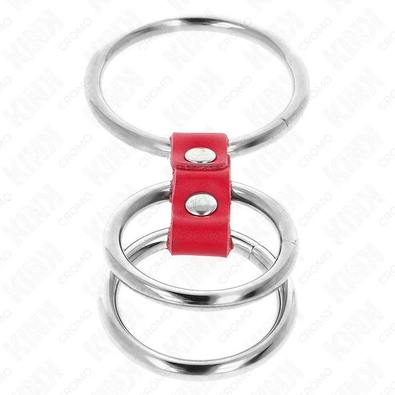 KINK - DREIFACH METALL PENISRING 3,7 CM BIS 5 CM VERBUNDEN MIT ROTEM LEDER - Vanelion Paradise