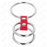 KINK - DREIFACH METALL PENISRING 3,7 CM BIS 5 CM VERBUNDEN MIT ROTEM LEDER - Vanelion Paradise