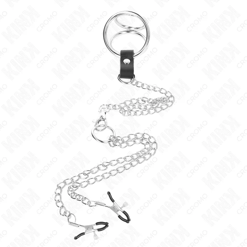 KINK - DREIFACH CHROM METALL PENISRING 3 CM BIS 4,5 CM MIT 26 CM METALLKETTE UND BRUSTKLAMMERN - Vanelion Paradise