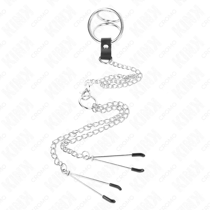 KINK - DREIFACH CHROM METALL PENISRING 3,8 CM BIS 5 CM MIT 26 CM METALLKETTE UND NIPPELKLEMMEN MODELL 2 - Vanelion Paradise
