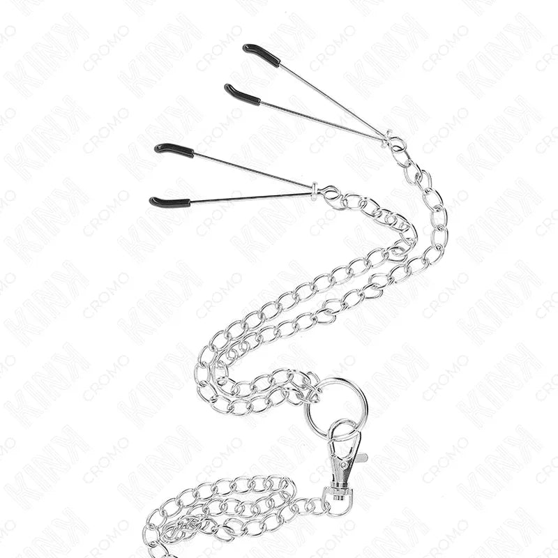 KINK - DREIFACH CHROM METALL PENISRING 3,8 CM BIS 5 CM MIT 26 CM METALLKETTE UND NIPPELKLEMMEN MODELL 2 - Vanelion Paradise