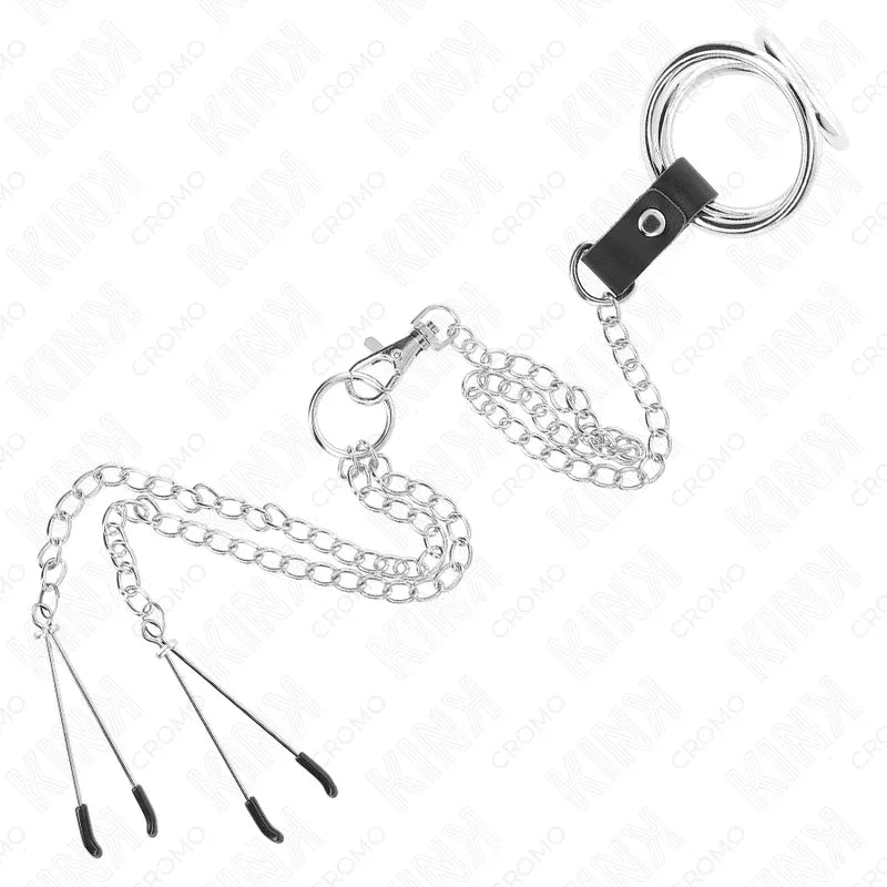 KINK - DREIFACH CHROM METALL PENISRING 3,8 CM BIS 5 CM MIT 26 CM METALLKETTE UND NIPPELKLEMMEN MODELL 2 - Vanelion Paradise
