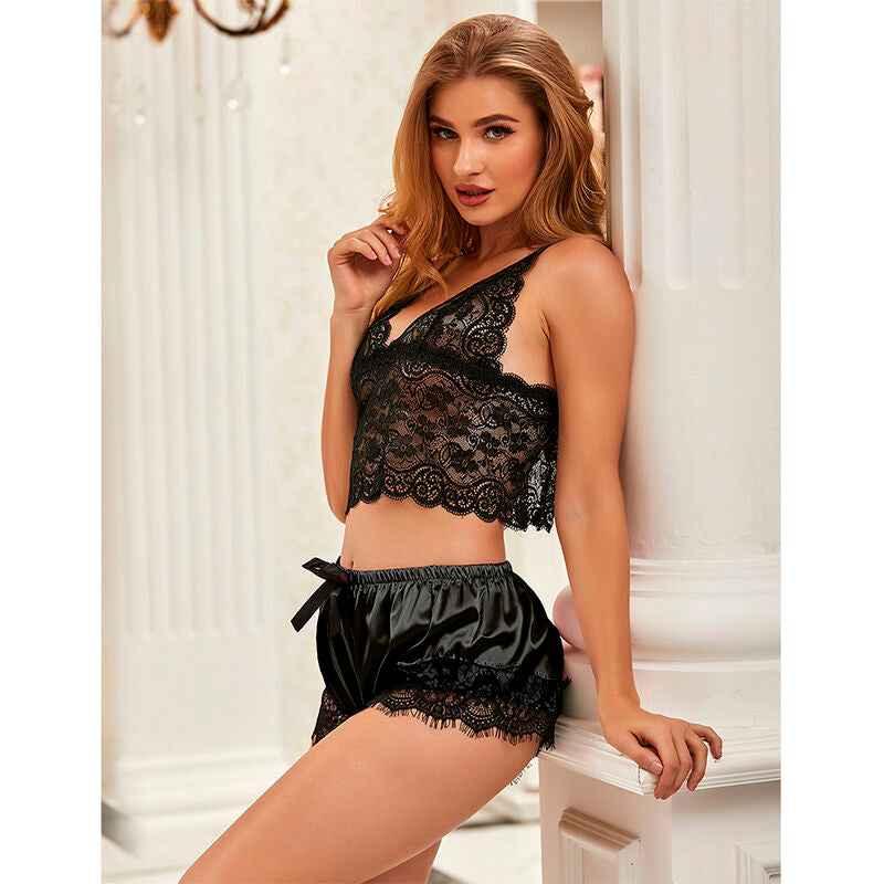 SUBBLIME - 953942 LÄSSIGE SEIDENNACHTHEMD + SPITZENHOSE SCHWARZ L/XL - Vanelion Paradise