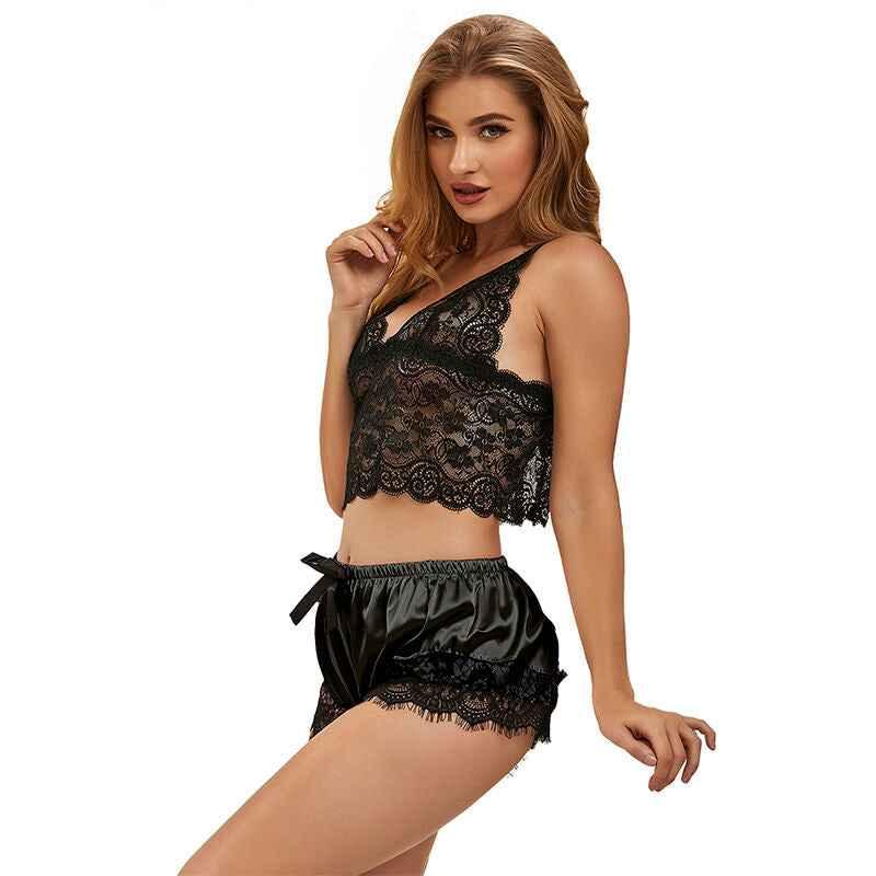 SUBBLIME - 953942 LÄSSIGE SEIDENNACHTHEMD + SPITZENHOSE SCHWARZ L/XL - Vanelion Paradise