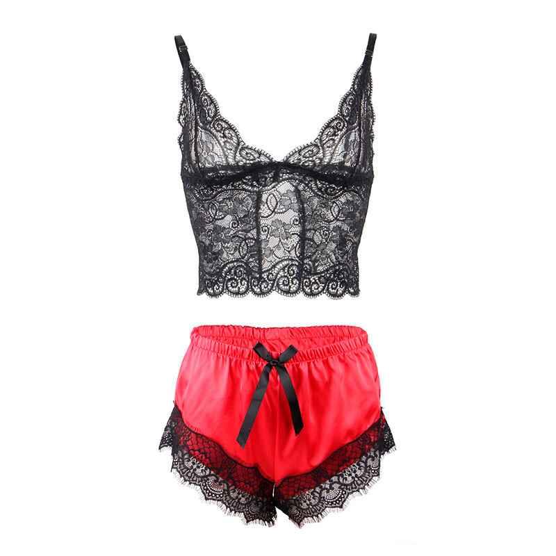 SUBBLIME - 953959 LÄSSIGE SEIDENNACHTHEMD + SPITZENHOSE SCHWARZ/ROT S/M - Vanelion Paradise