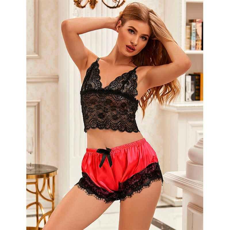 SUBBLIME - 953966 LÄSSIGE SEIDE NACHTHEMD + SPITZENHOSE SCHWARZ/ROT L/XL - Vanelion Paradise