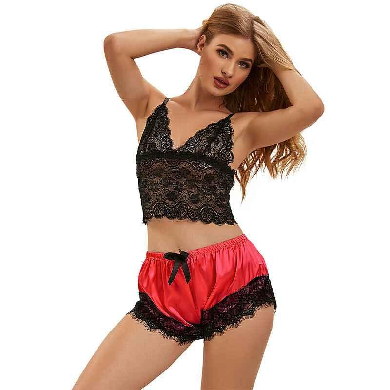 SUBBLIME - 953966 LÄSSIGE SEIDE NACHTHEMD + SPITZENHOSE SCHWARZ/ROT L/XL - Vanelion Paradise