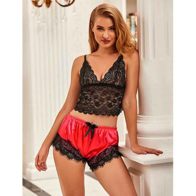 SUBBLIME - 953966 LÄSSIGE SEIDE NACHTHEMD + SPITZENHOSE SCHWARZ/ROT L/XL - Vanelion Paradise