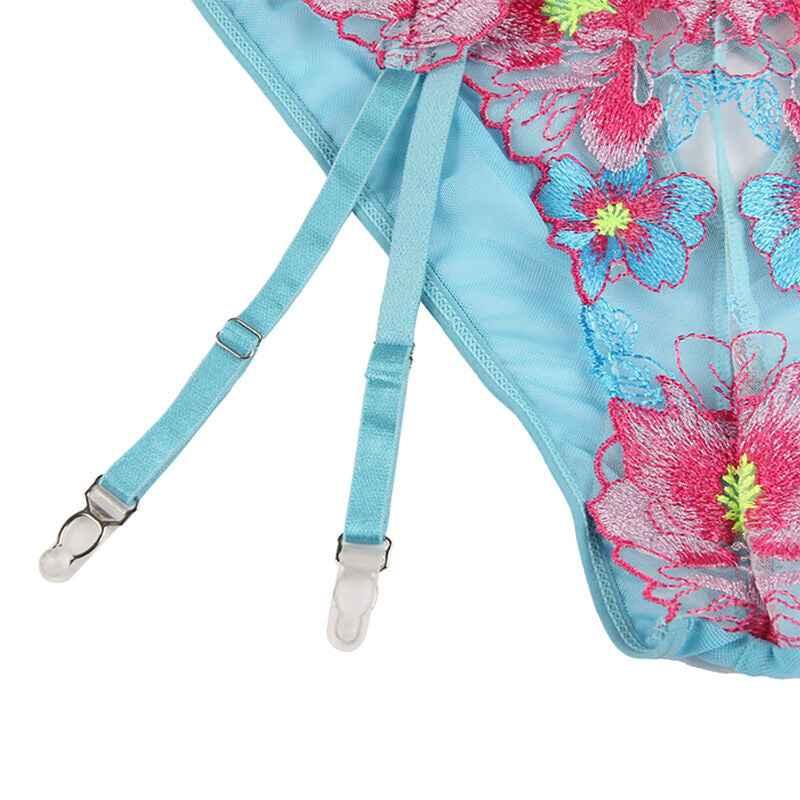 SUBBLIME - 954109 BH + HÖSCHEN MIT STRUMPFGÜRTEL BLUMENDESIGN BLAU S/M - Vanelion Paradise