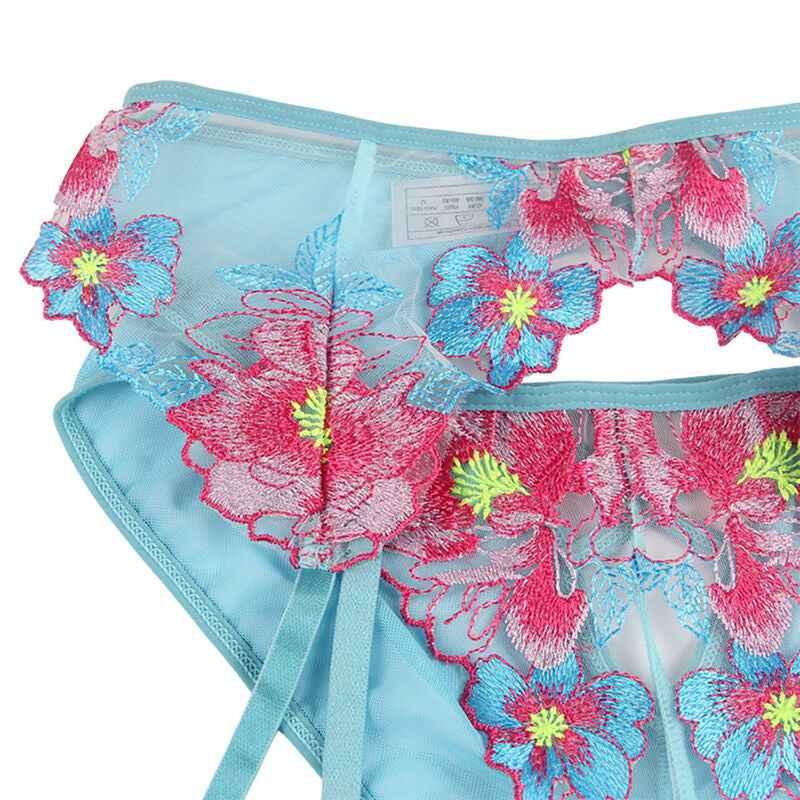 SUBBLIME - 954109 BH + HÖSCHEN MIT STRUMPFGÜRTEL BLUMENDESIGN BLAU S/M - Vanelion Paradise