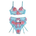 SUBBLIME - 954109 BH + HÖSCHEN MIT STRUMPFGÜRTEL BLUMENDESIGN BLAU S/M - Vanelion Paradise