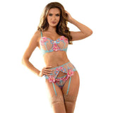 SUBBLIME - 954116 BH + HÖSCHEN MIT STRUMPFGÜRTEL BLUMENDESIGN BLAU L/XL - Vanelion Paradise