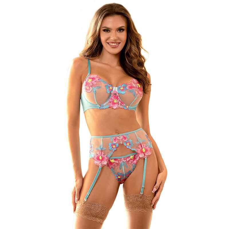 SUBBLIME - 954116 BH + HÖSCHEN MIT STRUMPFGÜRTEL BLUMENDESIGN BLAU L/XL - Vanelion Paradise