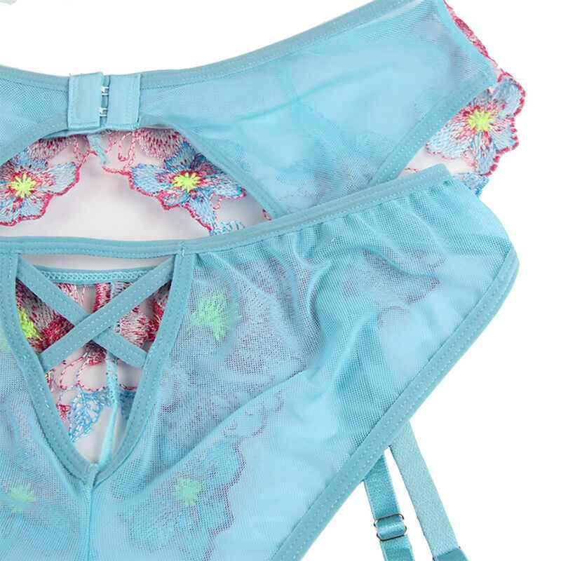 SUBBLIME - 954116 BH + HÖSCHEN MIT STRUMPFGÜRTEL BLUMENDESIGN BLAU L/XL - Vanelion Paradise