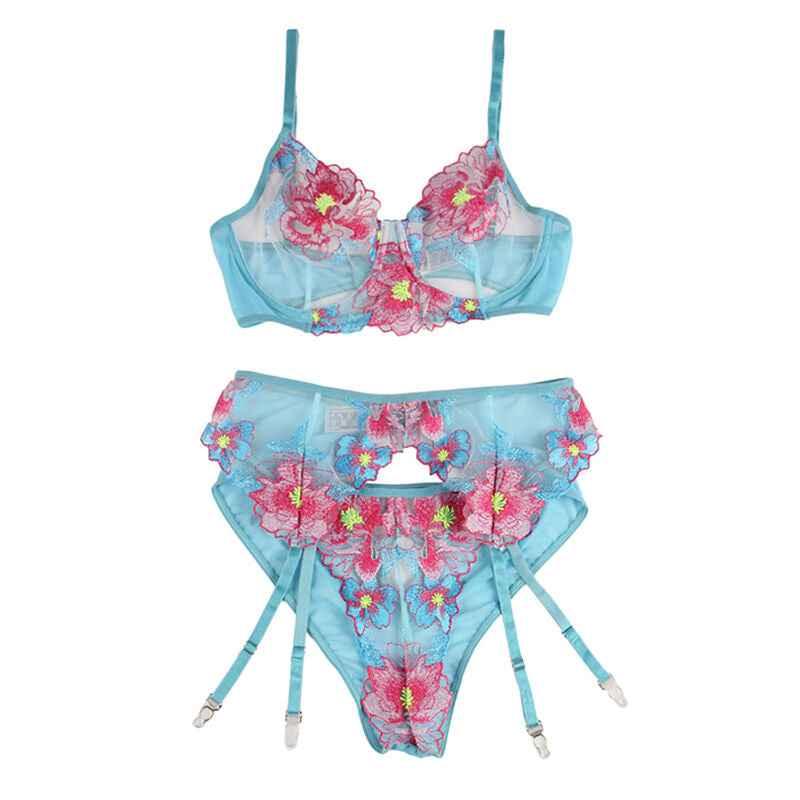 SUBBLIME - 954116 BH + HÖSCHEN MIT STRUMPFGÜRTEL BLUMENDESIGN BLAU L/XL - Vanelion Paradise